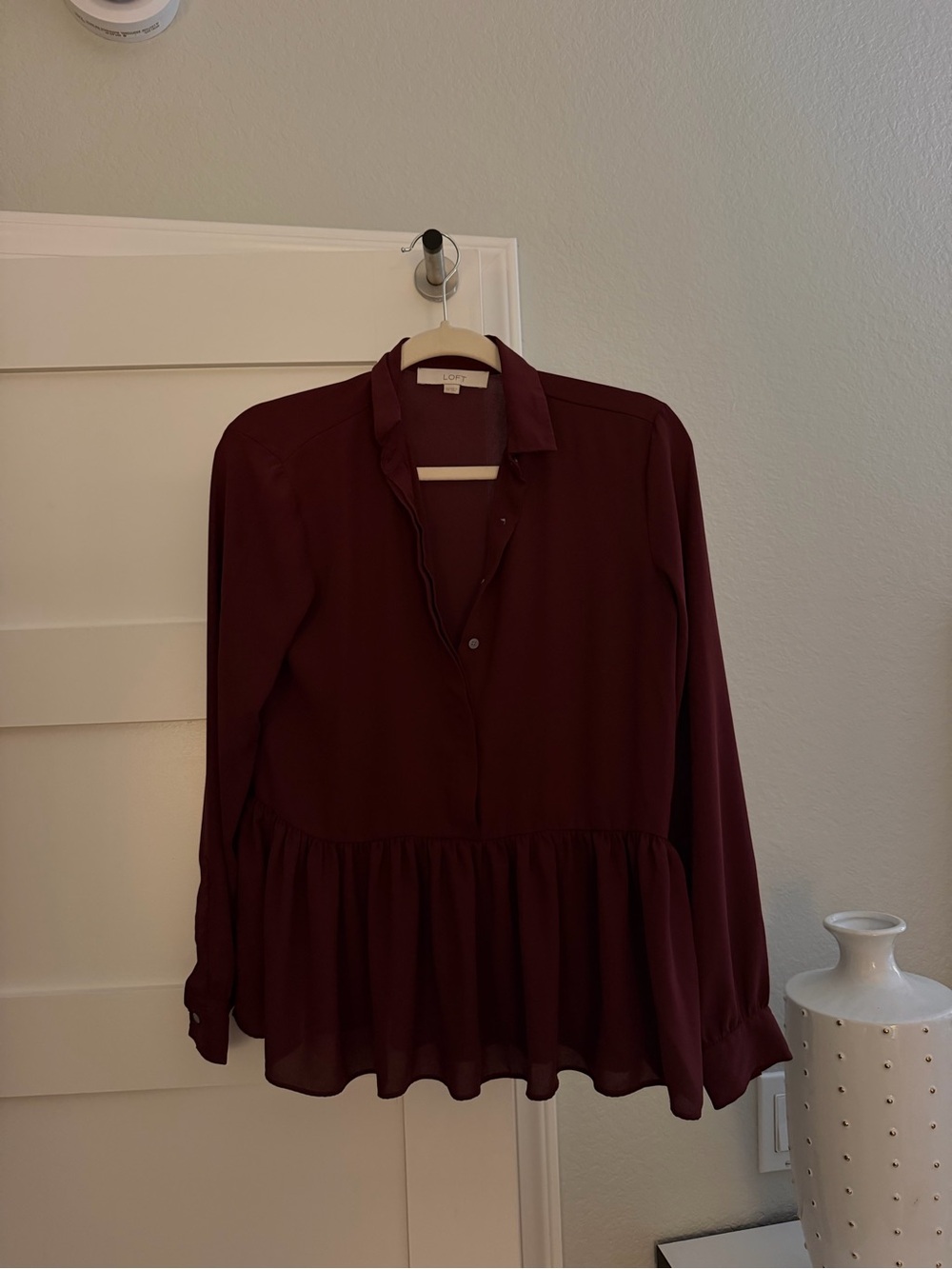 LOFT Long-Sleeve Peplum Blouse - Deep Wine